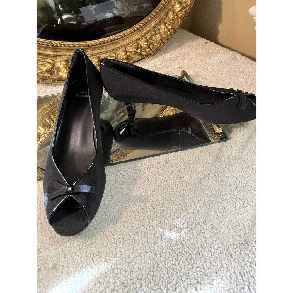 Stuart Weitzman Black Grosgrain Peep Toe Kitten Heels W/ Bows, Size 9.5